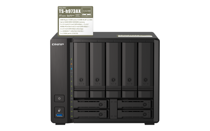 QNAP TS-h973AX-8G | 10GbE, 9-Bay, ZFS, AMD Ryzen CPU, 8GB RAM, SMB NAS