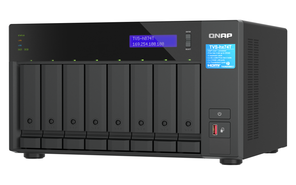 QNAP TVS-h874T-i9-64G | 2.5GbE, Thunderbolt, 8-Bay, ZFS, Intel Core i9, 64GB RAM, M.2 Slots, PCIe Slots, High-End NAS