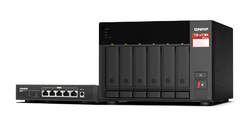 QNAP TS-673A-SW5T | NAS & Switch Bundle | 2.5GbE, 6-Bay, AMD Ryzen CPU, 8GB RAM, M.2 Slots, PCIe Slots